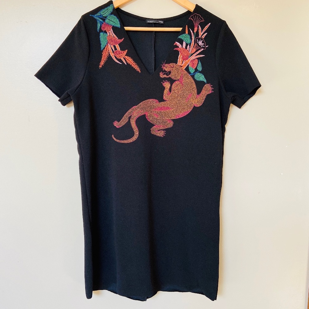 Zara Black Mini Dress with Embroidered Panther
